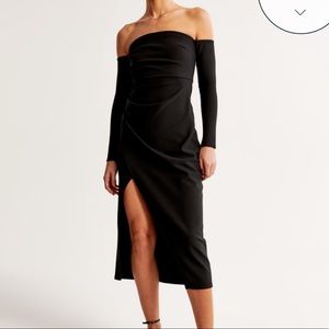 Long sleeve off the shoulder crepe midi dress